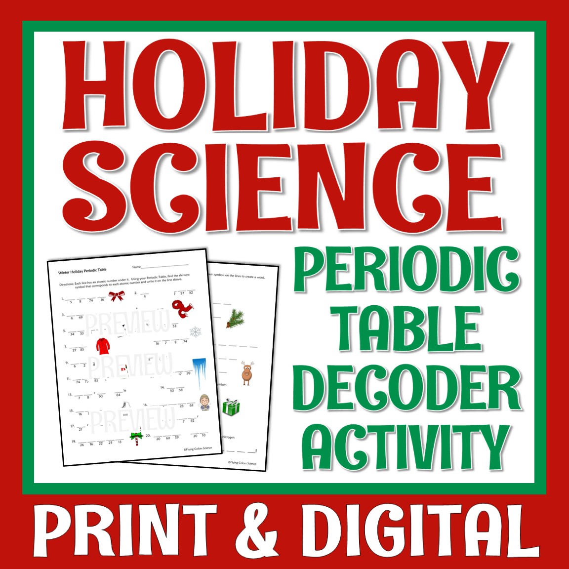 periodic table holiday christmas science worksheet - flying colors